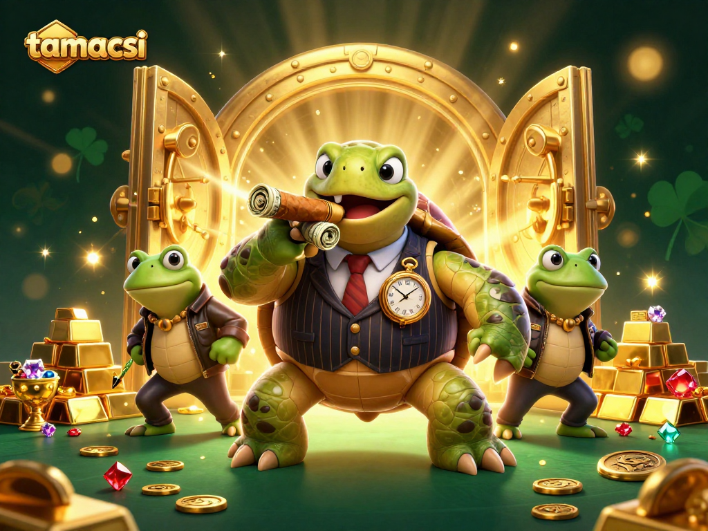 Join the action at tamacsi with dynamic characters in a vibrant casino illustration full of fortune elements.