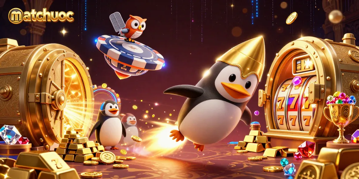 Experience the thrilling universe of matchuoc with a golden penguin racing towards a vibrant casino space!
