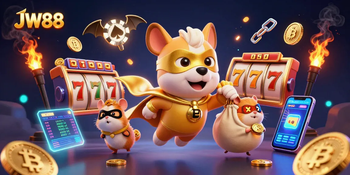 JW88 gaming illustration featuring a superhero dog with gold coins in a casino setting, showcasing exciting elements.