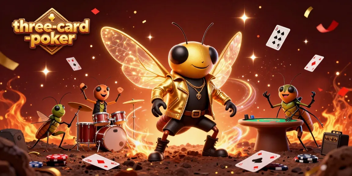 Experience the thrill of three-card-poker with a lively scene of poker characters and game elements.