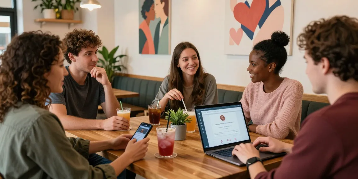 Singles engaging on the HundRoses dating app in a cozy café, connecting for meaningful relationships.