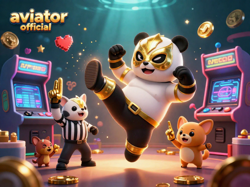 Aviator official game scene featuring a panda wrestler, chihuahua referee, and excited animal crowd at a lively casino arcade.