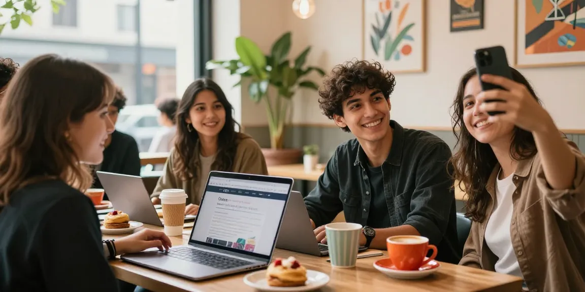 Group of friends enjoying an attractive test at a café, capturing joyful moments together.