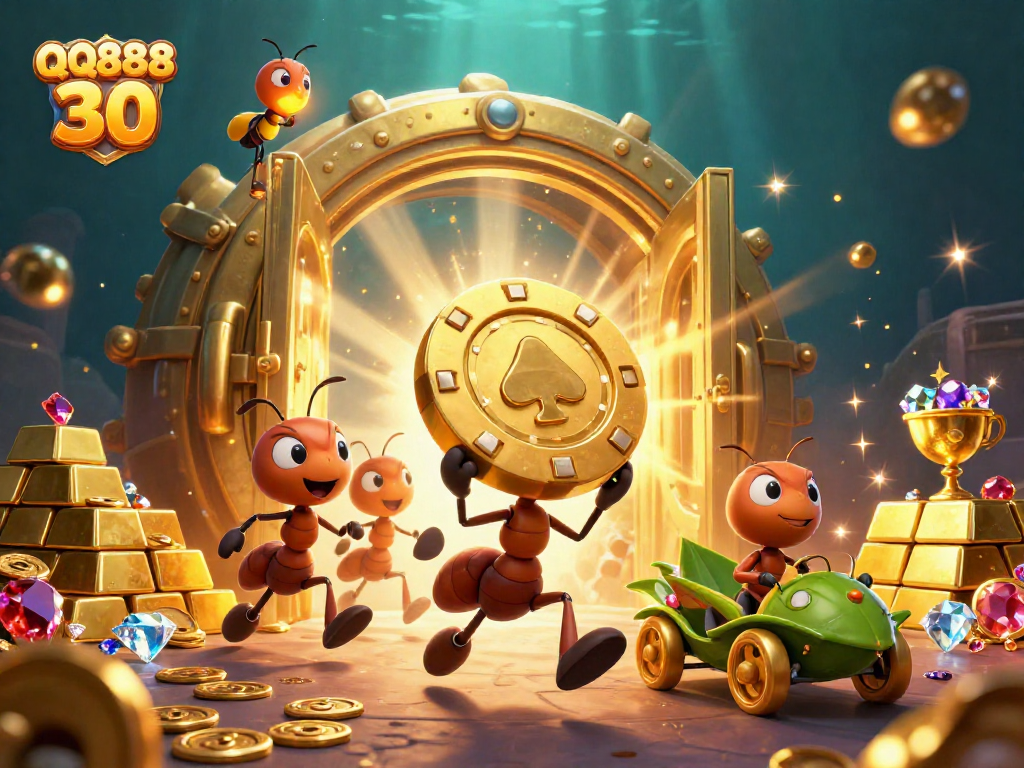 Join the ants' thrilling heist in QQ888 30, racing with a giant poker chip through an animated underground scene.