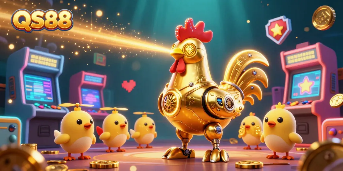 Experience thrilling action at QS88 with a vibrant casino scene featuring a golden robot and baby chick drones!
