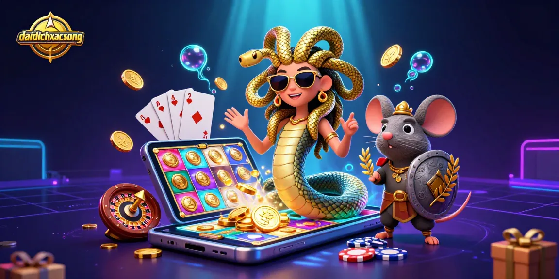 Engage in action with daidichxacsong featuring Medusa and a warrior mouse among exciting slot games and vibrant casino elements.