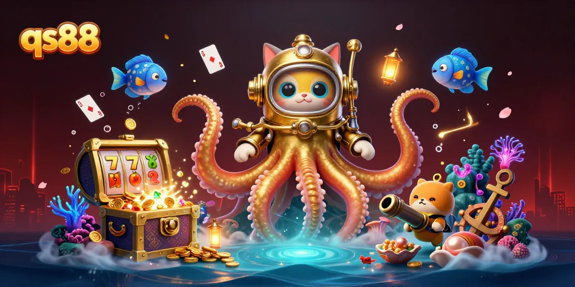Engage with qs88's thrilling gameplay featuring a colossal kraken and diving cat amid immersive slot elements.