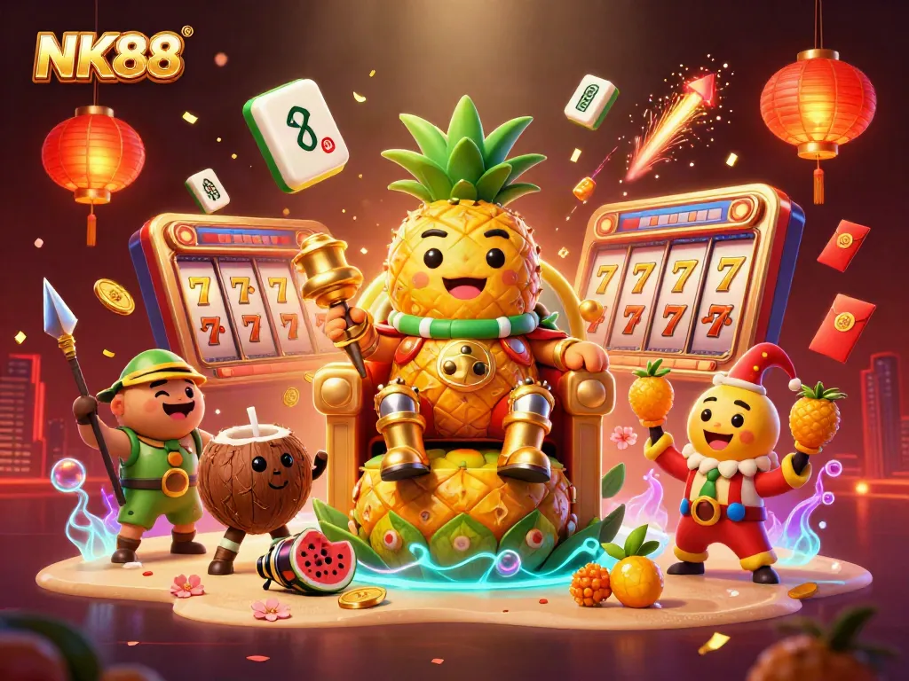 Engage in thrilling gameplay with NK88's vibrant 3D casino world, showcasing a pineapple king, jackpots, and Mahjong tiles.