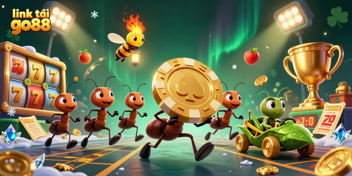 link tải go88 showcases ants gripping a giant poker chip amidst animated slots and vibrant gambling elements.