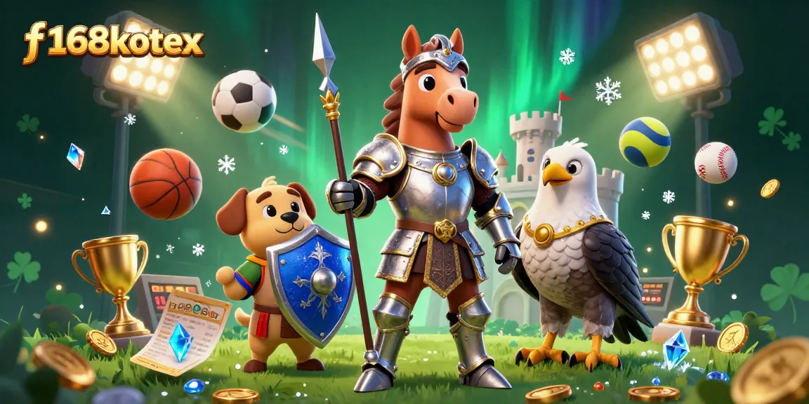 Engage in thrilling sports betting with f168kotex, highlighted by a knight, puppy, and falcon in action.