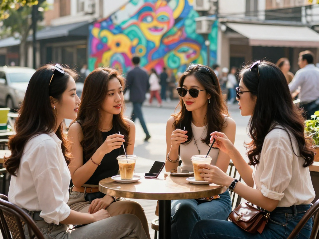 Những cô gái gọi đang tận hưởng cuộc sống tại quán cà phê ngoài trời, tạo nên không khí sôi nổi và phong cách trẻ trung.