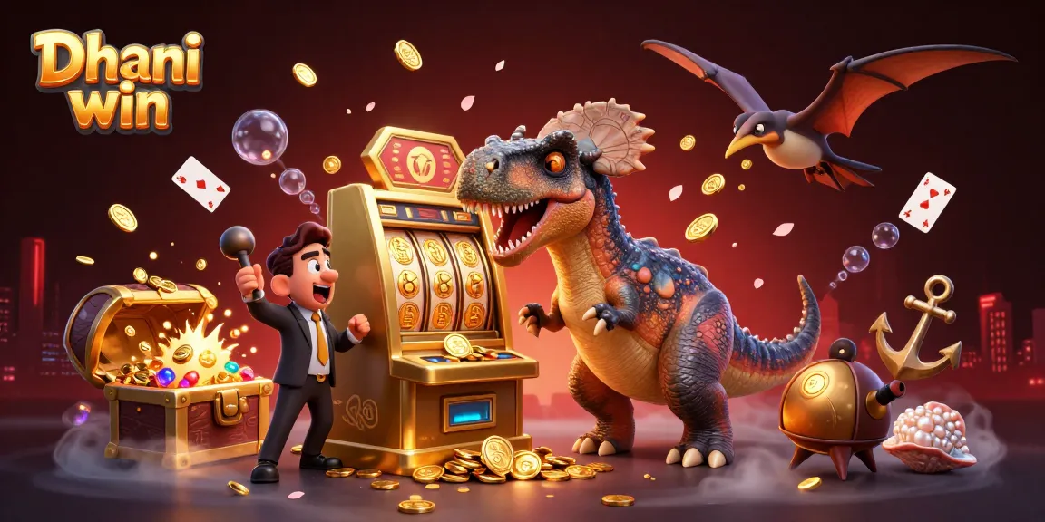 Dhani win gameplay scene with a cartoon dinosaur winning coins from a slot machine, showcasing fun gambling action.