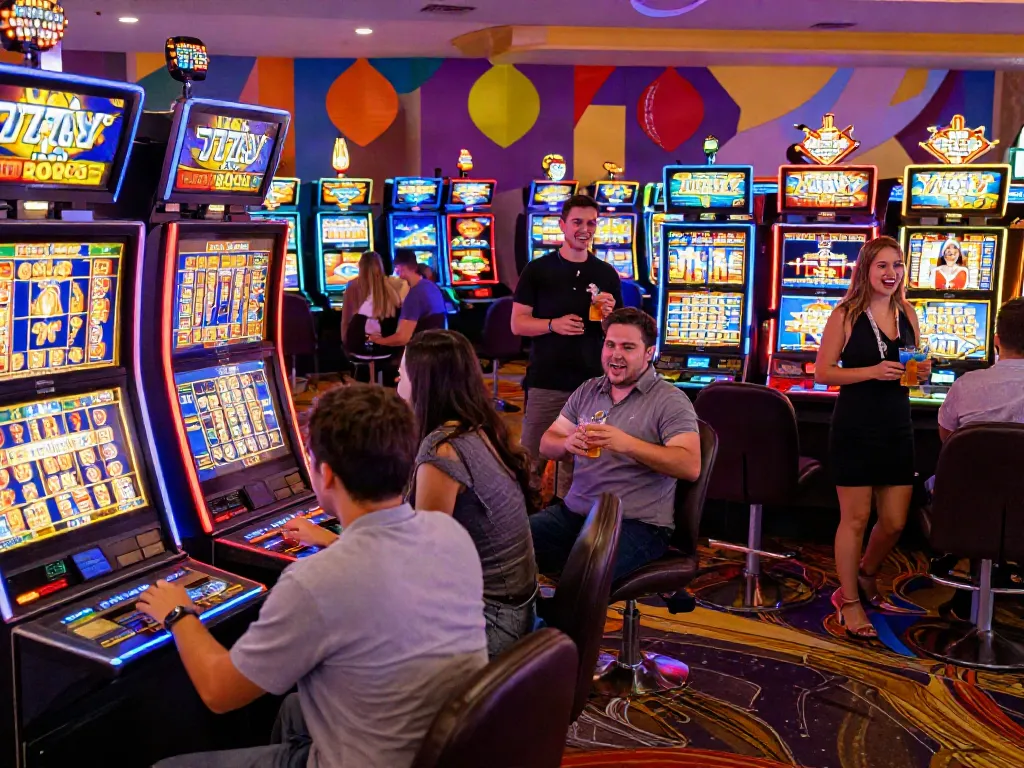 Exciting casino atmosphere with players celebrating slot777 wins and vibrant machines.
