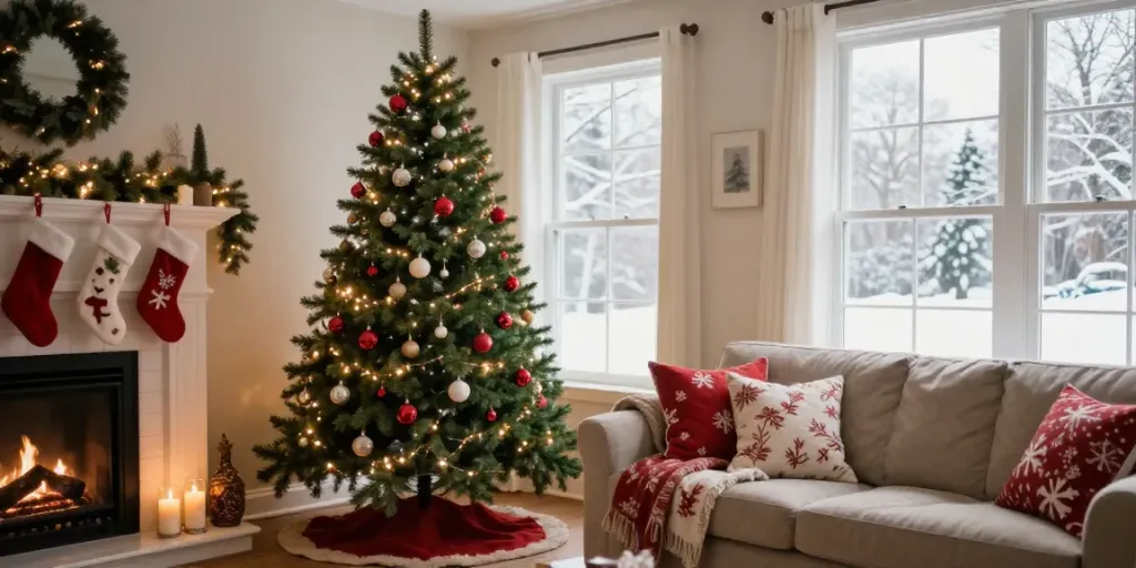 Pencil christmas tree in a cozy living room decorated for the holidays