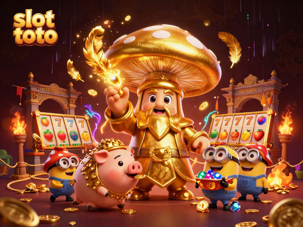Experience thrilling slot toto gaming with magical wizard and treasure-hunting pig in a dynamic casino setting.