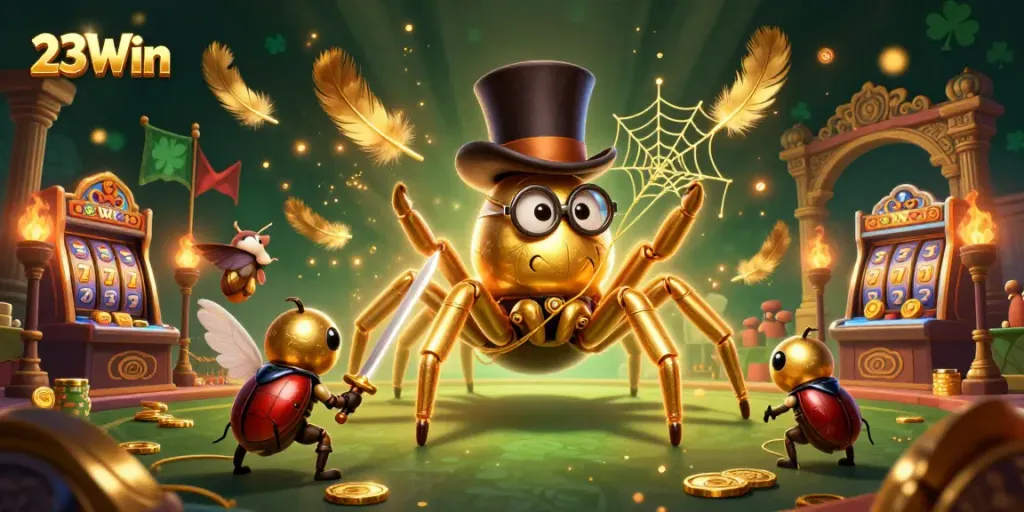 Experience thrilling gameplay at 23Win featuring a daring knight facing challenges in a vibrant casino world.