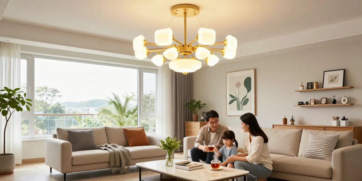 Lustre led moderne care iluminează un living elegant și primitor, creând o atmosferă caldă și confortabilă.