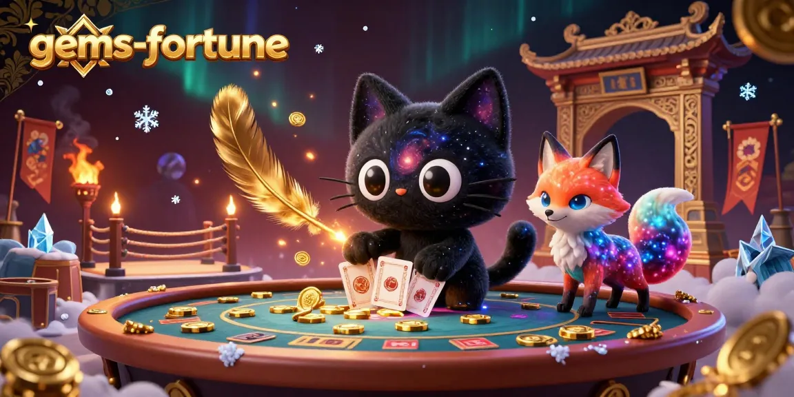 Experience the excitement of gems-fortune with a black hole cat and nebula fox at a cosmic casino.