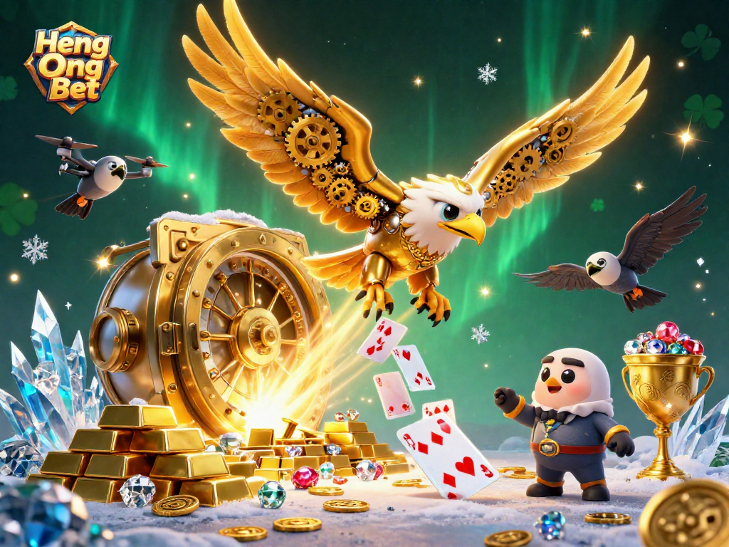Engage with exciting gameplay at Heng Ong Bet, featuring a cybernetic eagle amidst casino treasures.
